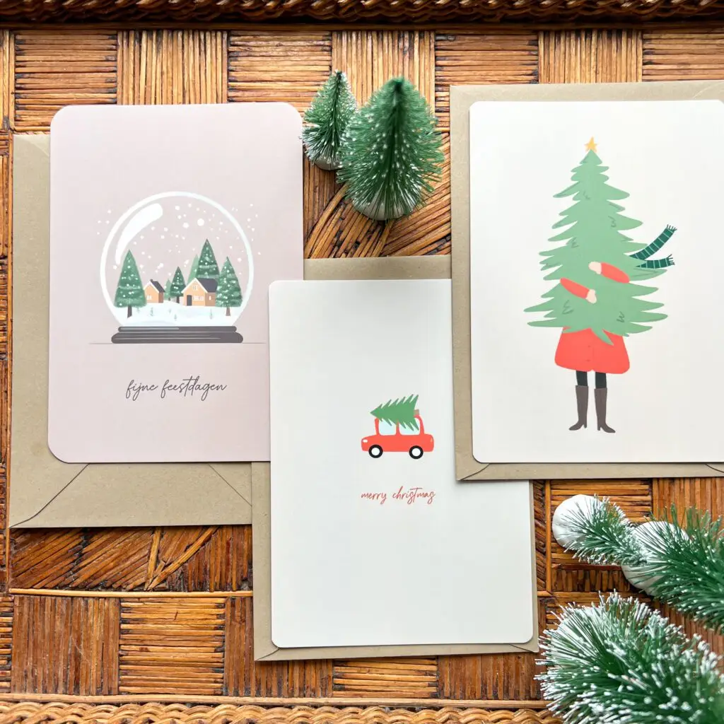 Kerstkaarten set van drie met bomen