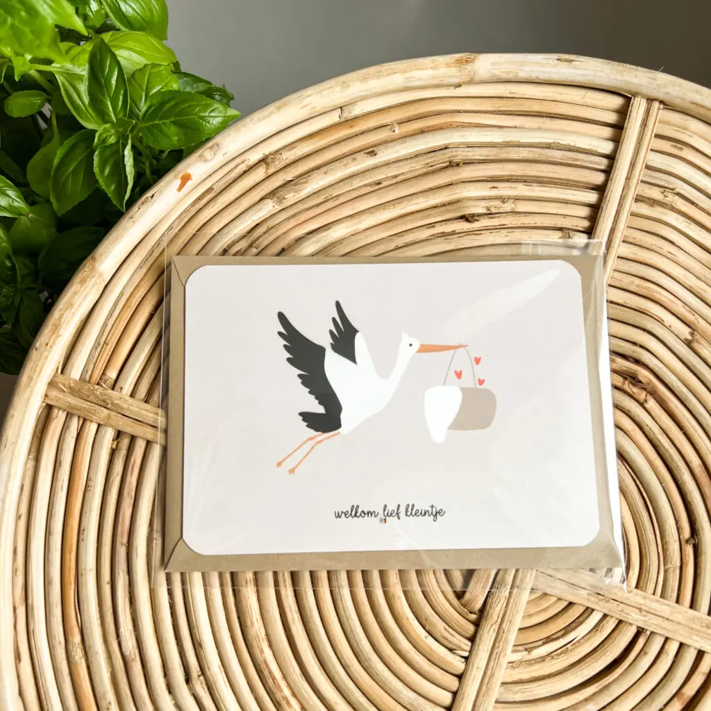 Wenskaart Welkom Lief Kleintje met Ooievaar