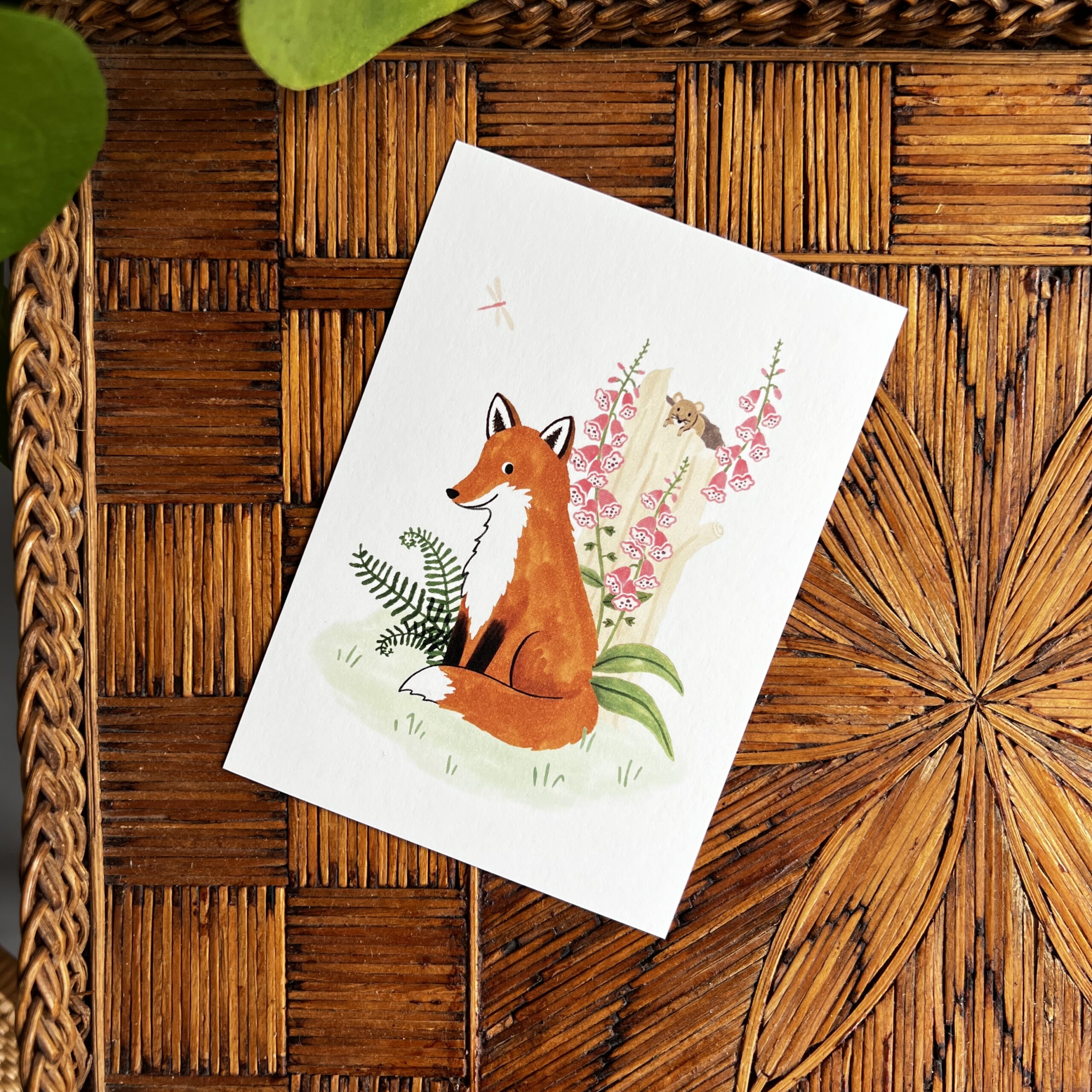 Ansichtkaart Vrolijke Vos 1 Vrolijke kaart met vosje en bosmuisje in de natuur
