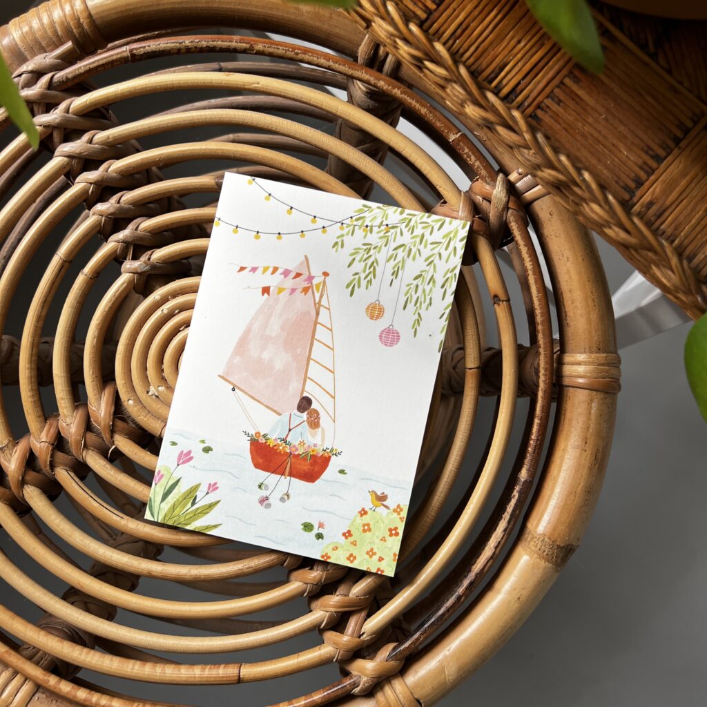 Wenskaart Huwelijksbootje met bruidspaar in zeilboot