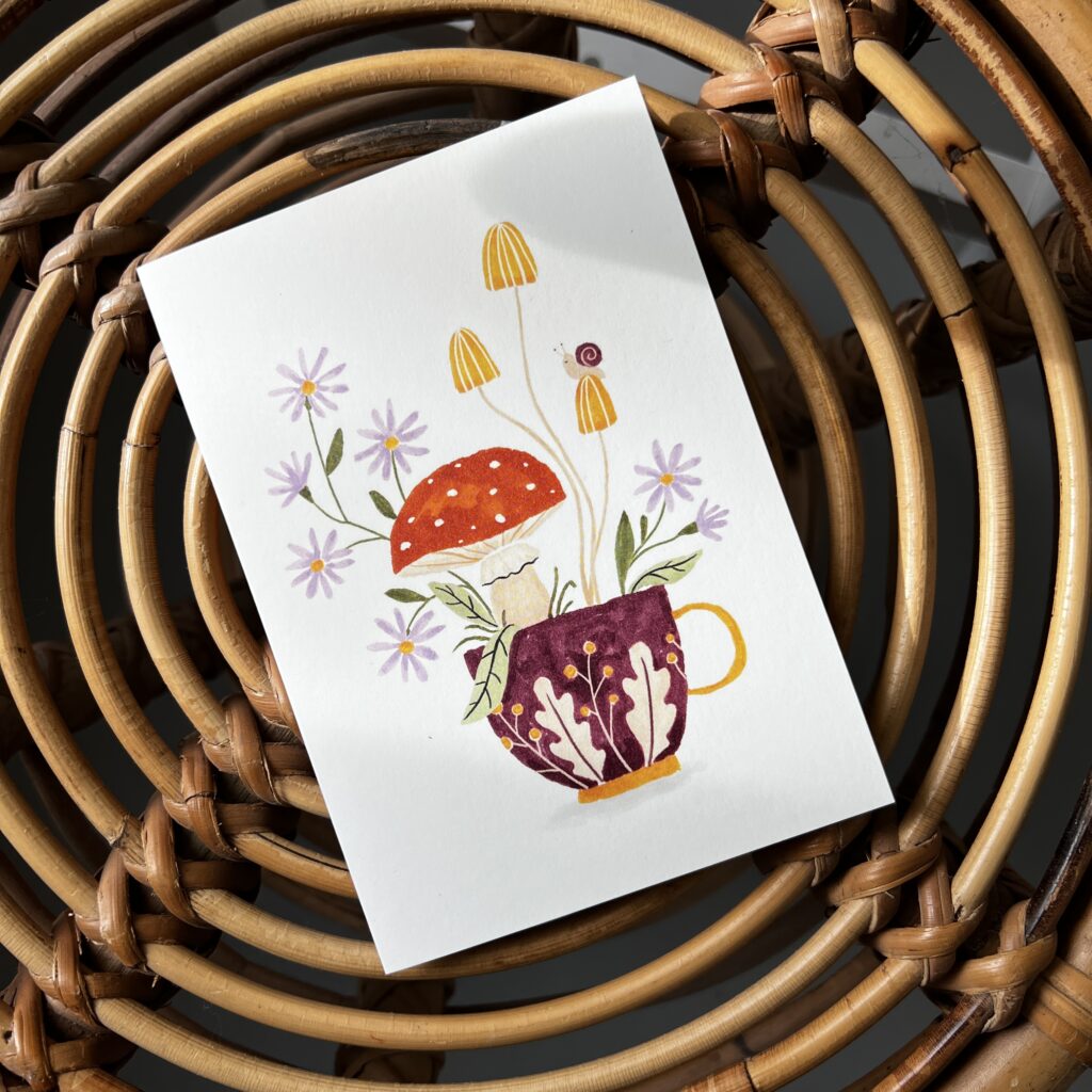 Wenskaart met herfsttheekopje en slakje